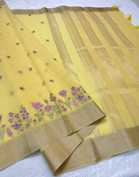 Linen Embroidery Work Saree