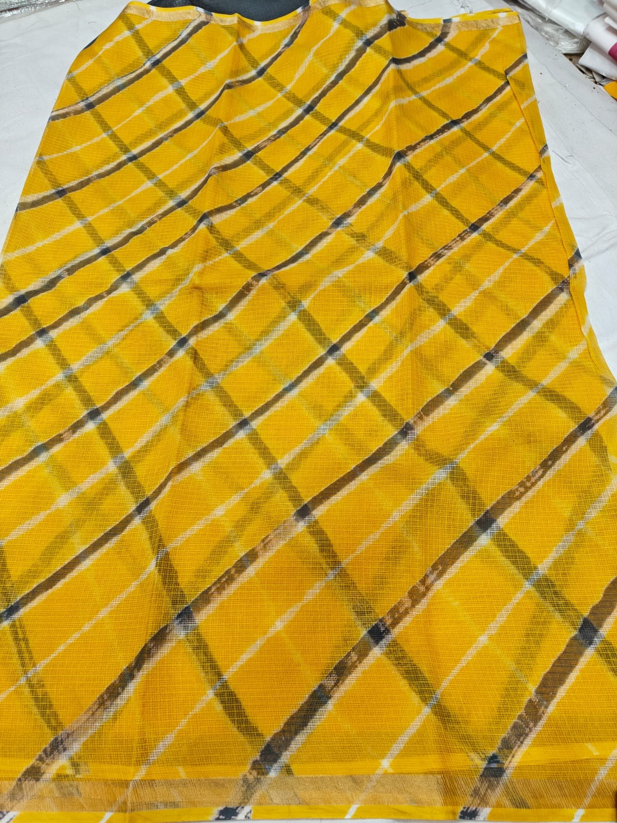 Pure Kota Doria Leheriya Saree with Golden Zari Border