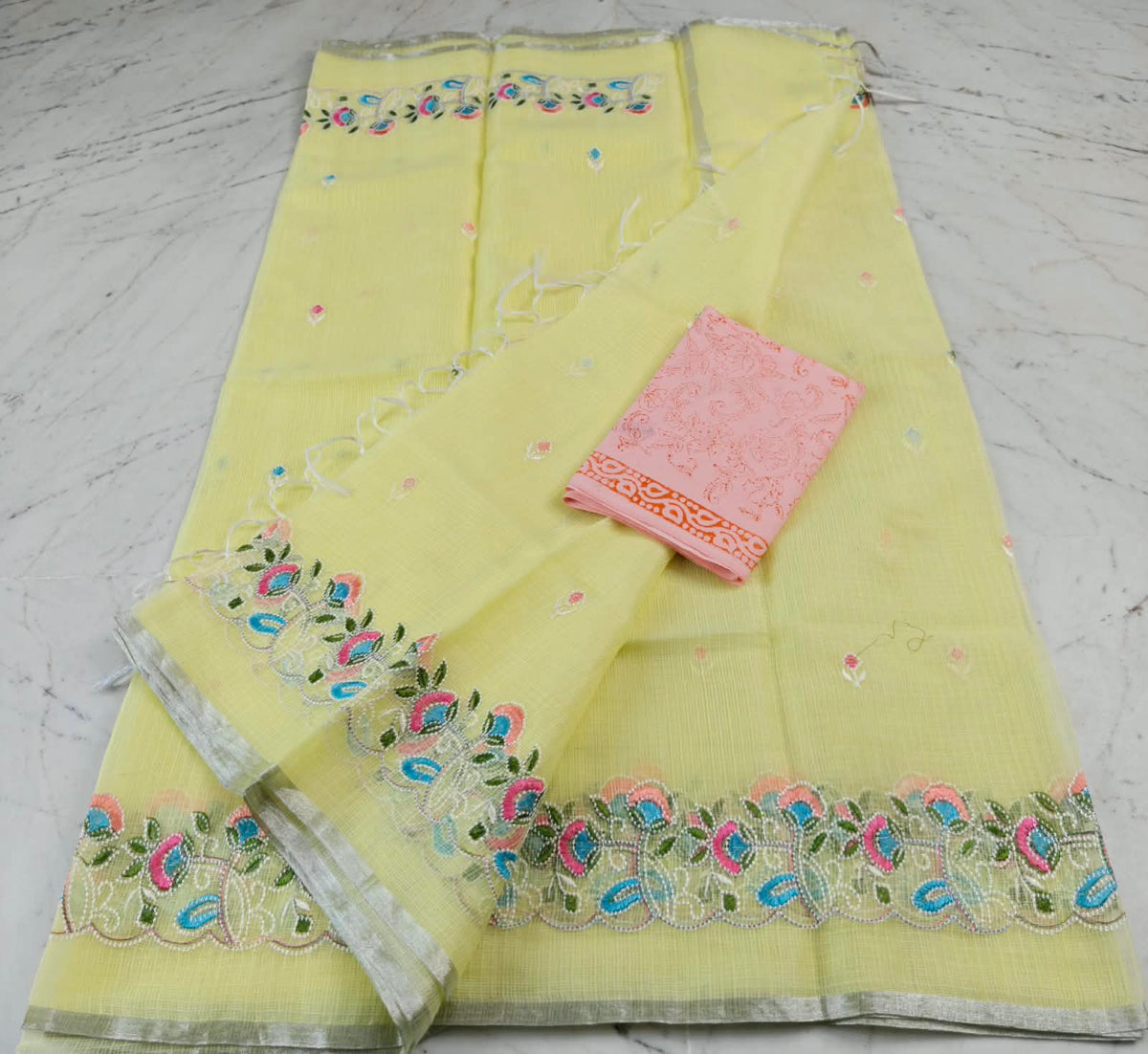 Kota Doria Mix Cotton Saree with Computerized Embroidery