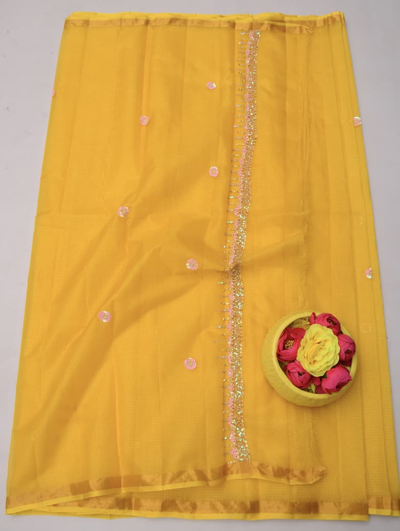 Pure Silk Kota Doria Hand Work Saree