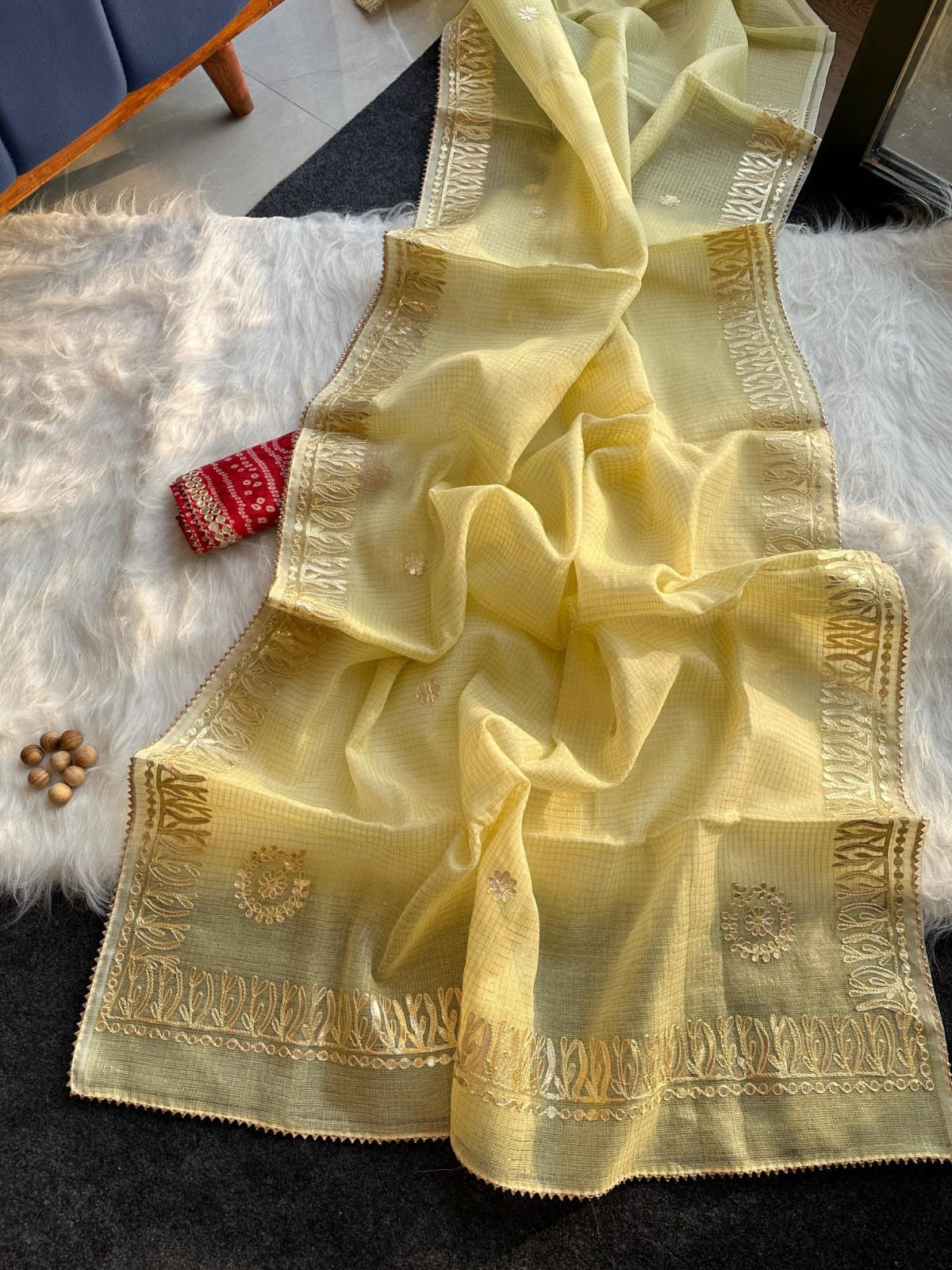 Kota Doria Jugnu Checks Saree With Gotta Patti Work