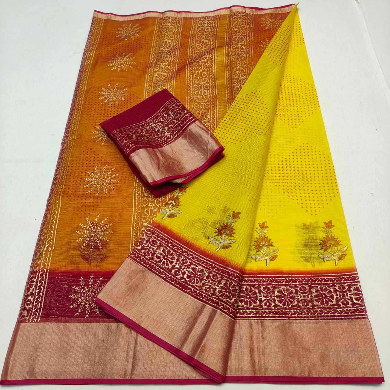 Kota Doria Pure Cotton Hand-Dyed Block Print Saree